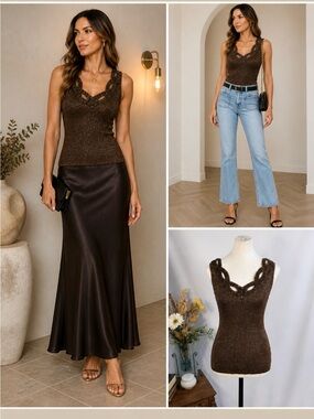 Vintage Cache Beaded Metallic Ribbed Tank Top Size Medium🧡